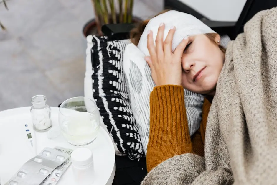 Woman resting on a couch with head bandaged, surrounded by medicine. Indoor recovery scene.