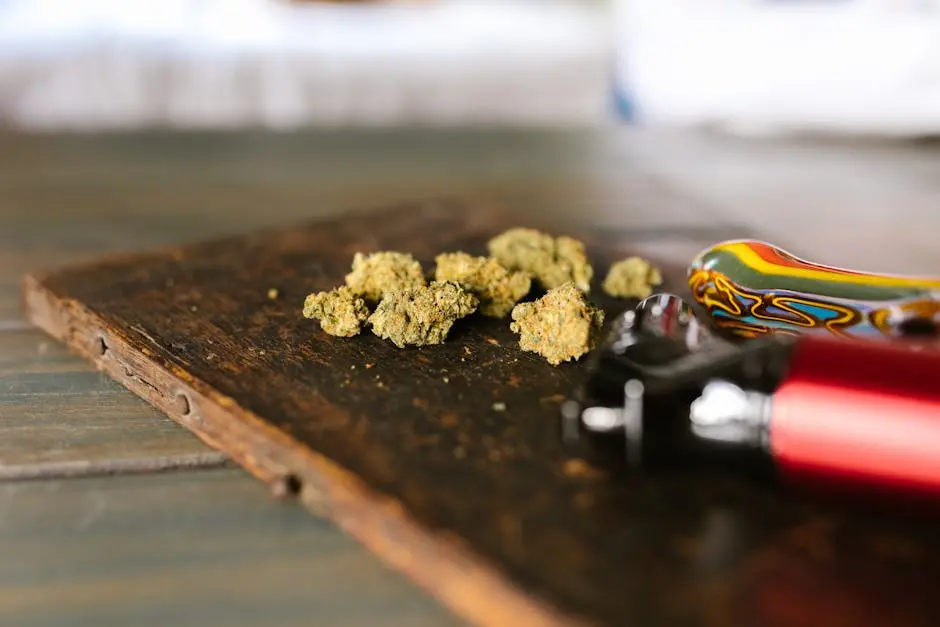 Close-up shot of dried cannabis buds on a rustic wooden table with a colorful pipe.