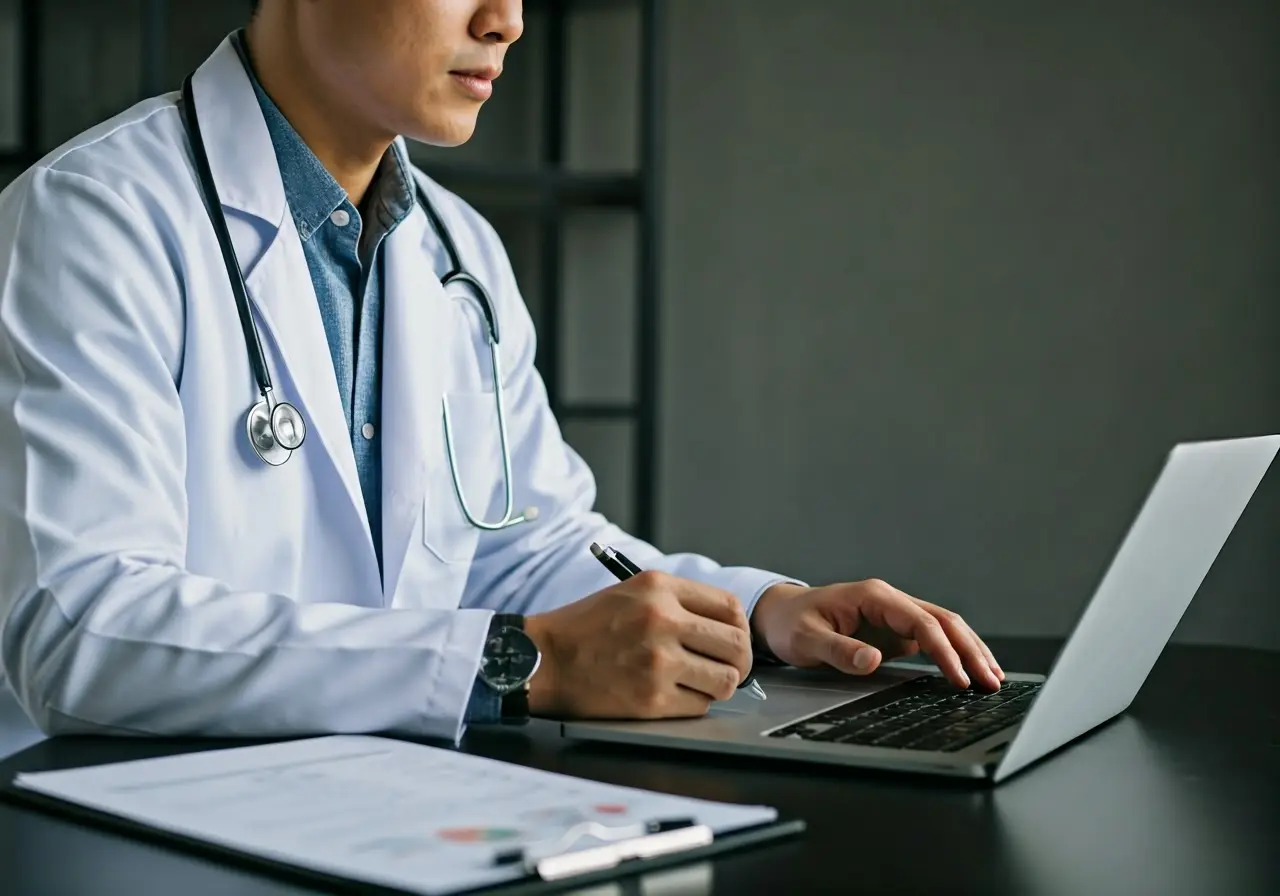 A doctor video conferencing on a laptop with medical charts. 35mm stock photo