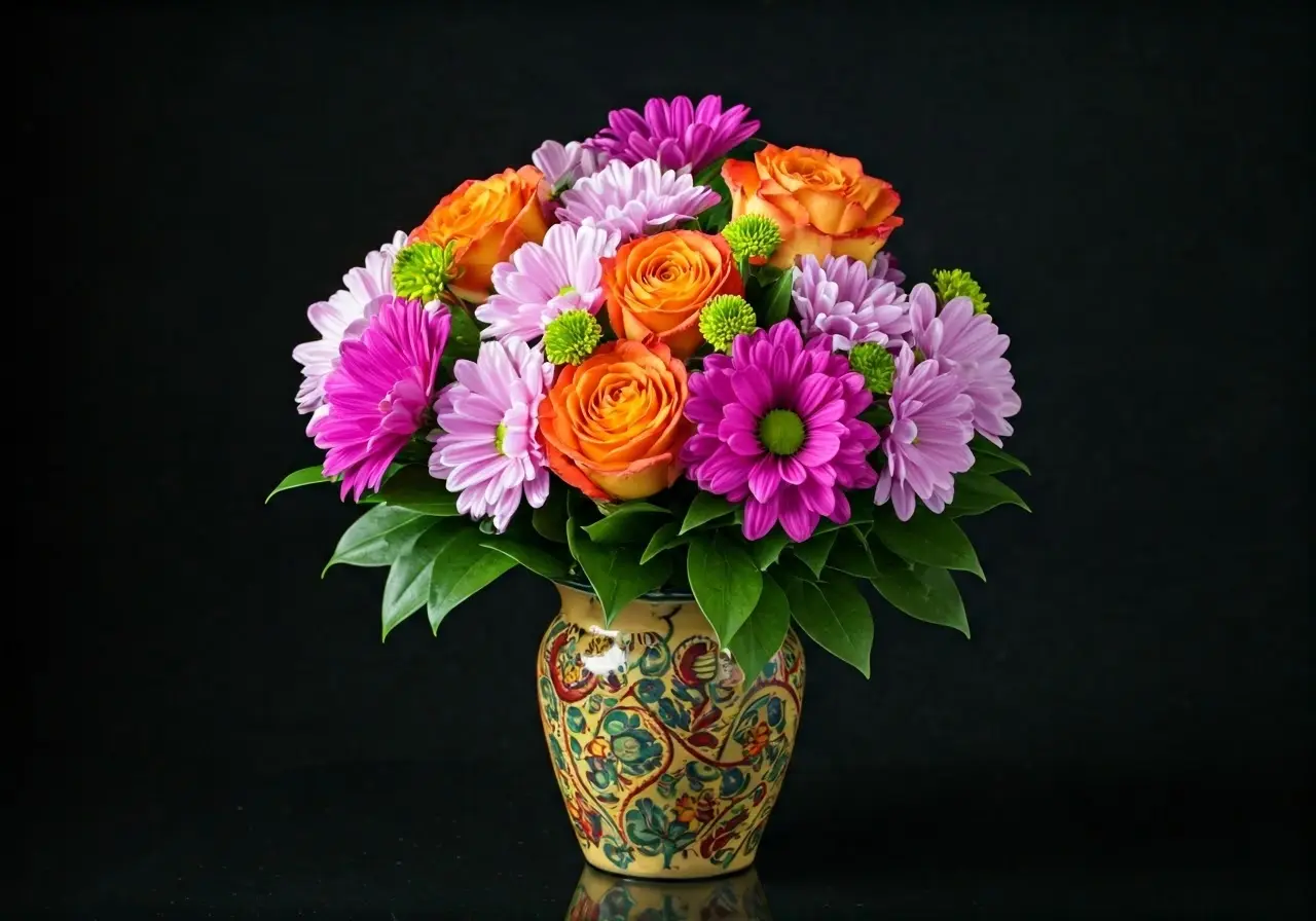 A vibrant bouquet of mixed flowers in a decorative vase. 35mm stock photo