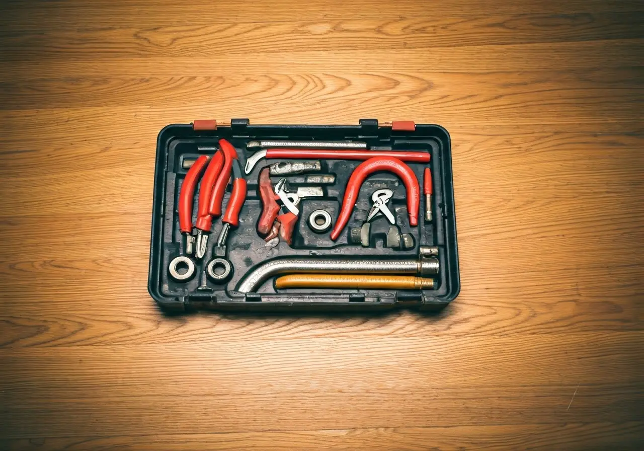 A toolbox filled with plumbing tools on a wooden floor. 35mm stock photo