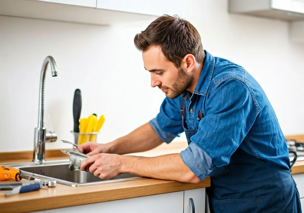 A handyman fixing a kitchen sink with tools around. 35mm stock photo