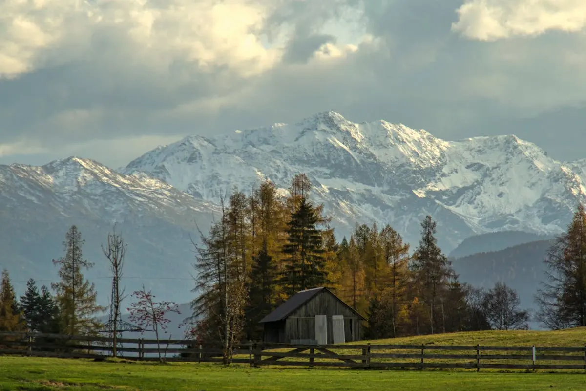 A barn sits in the middle of a field with snow capped mountains in the background