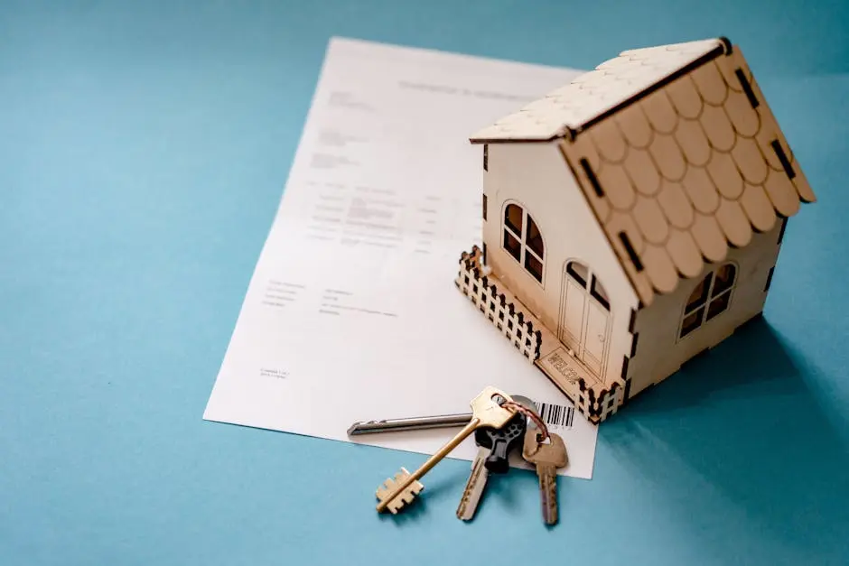 Miniature wooden house with keys and contract symbolizing real estate transactions.