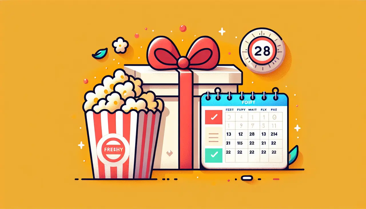 Draw a graphic in flat design style. A gift box of popcorn with a freshness seal and a small calendar.