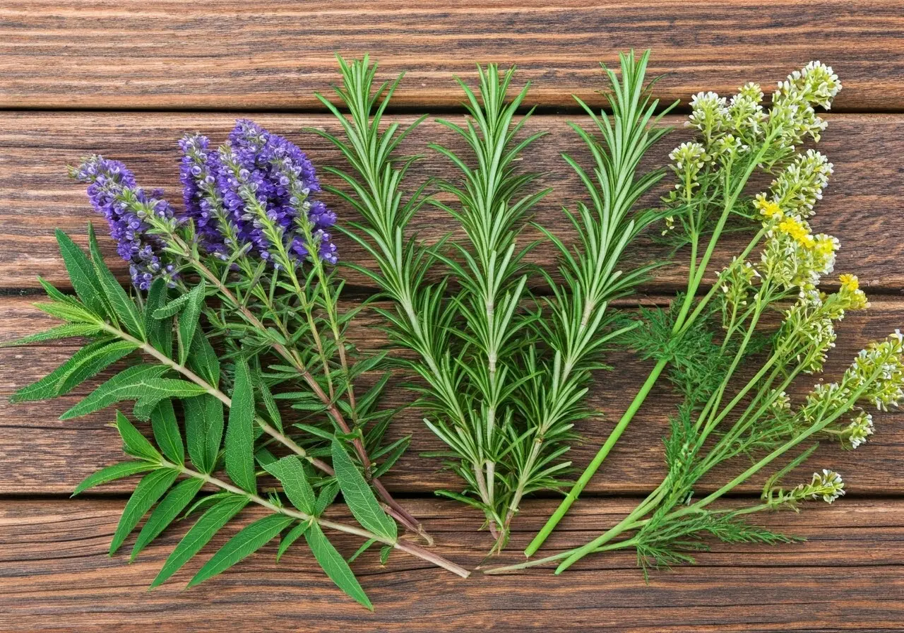 Assorted medicinal herbs and plants on a wooden table. 35mm stock photo