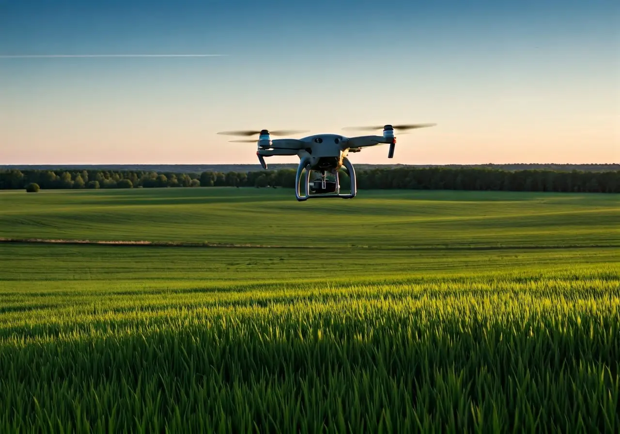 A drone hovers over vast, lush green farmland at sunset. 35mm stock photo