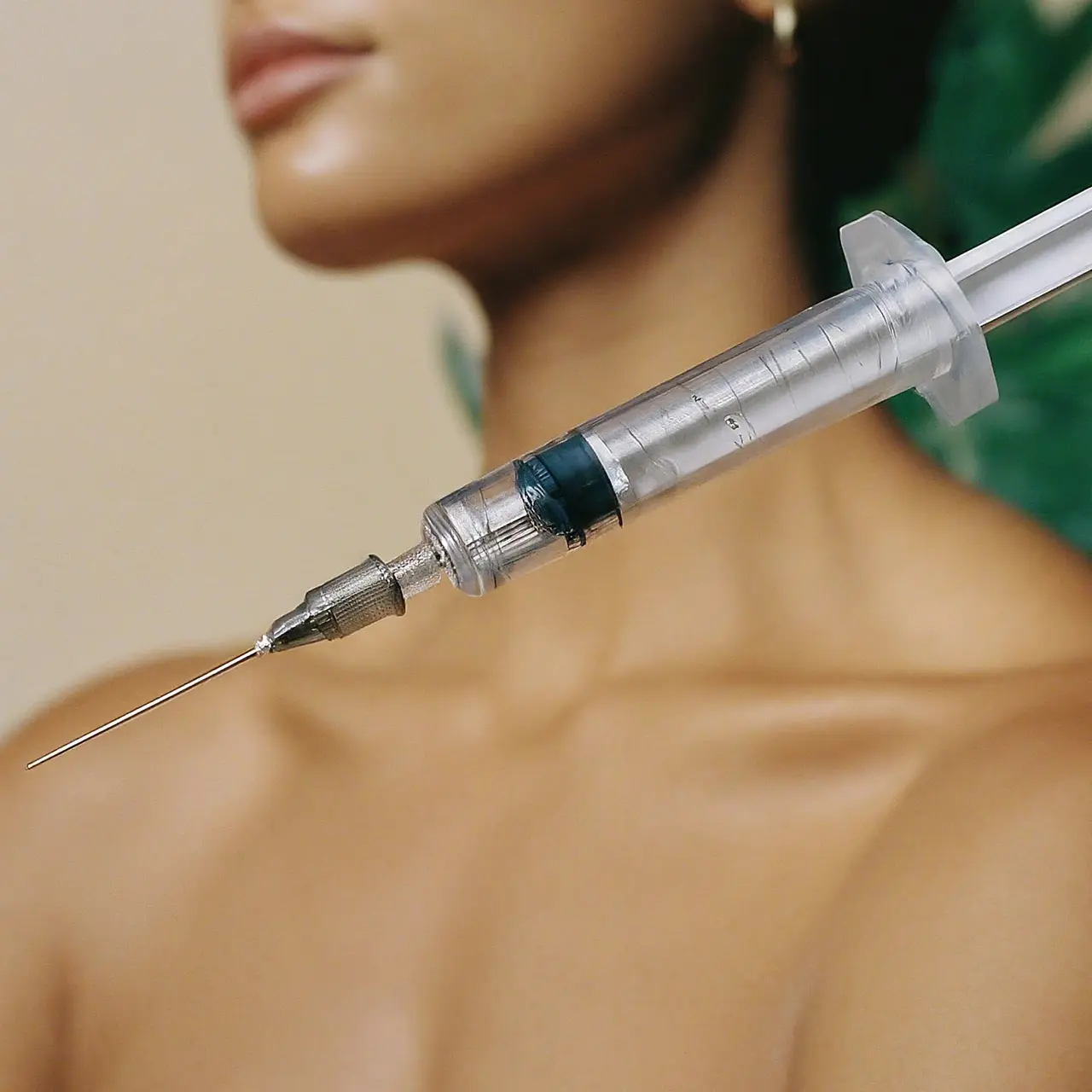 A syringe of Dysport with a serene spa background. 35mm stock photo