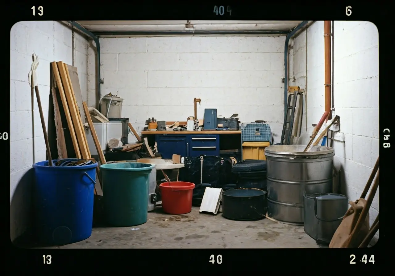 A cluttered garage being cleared out with labeled junk items. 35mm stock photo