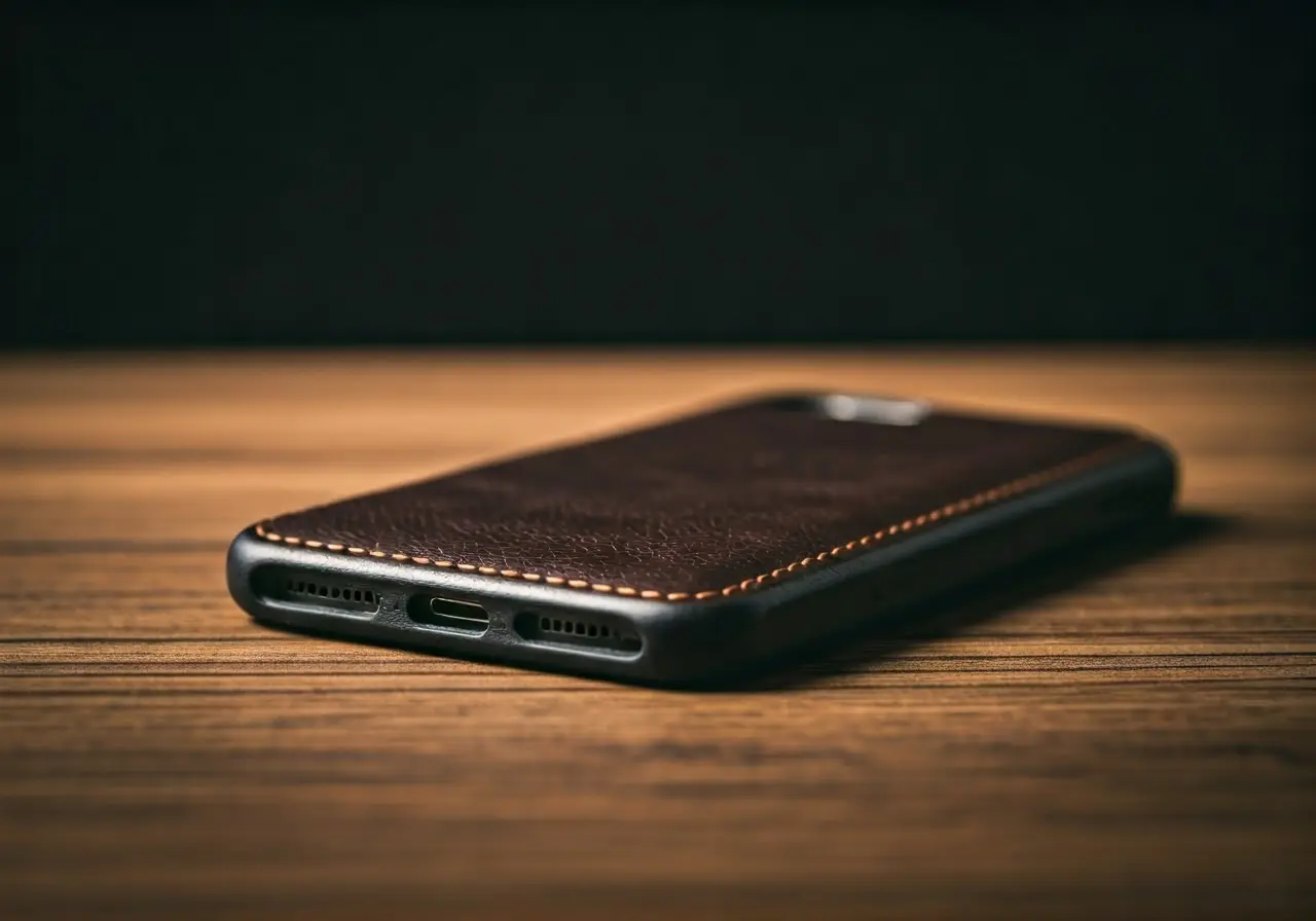 A sleek leather iPhone case resting on a wooden desk. 35mm stock photo