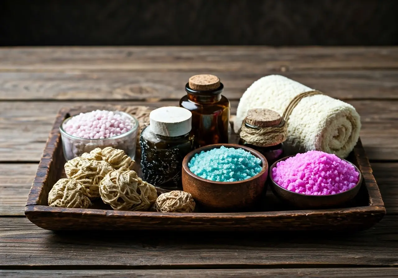 A variety of natural bath ingredients on a rustic wooden tray. 35mm stock photo