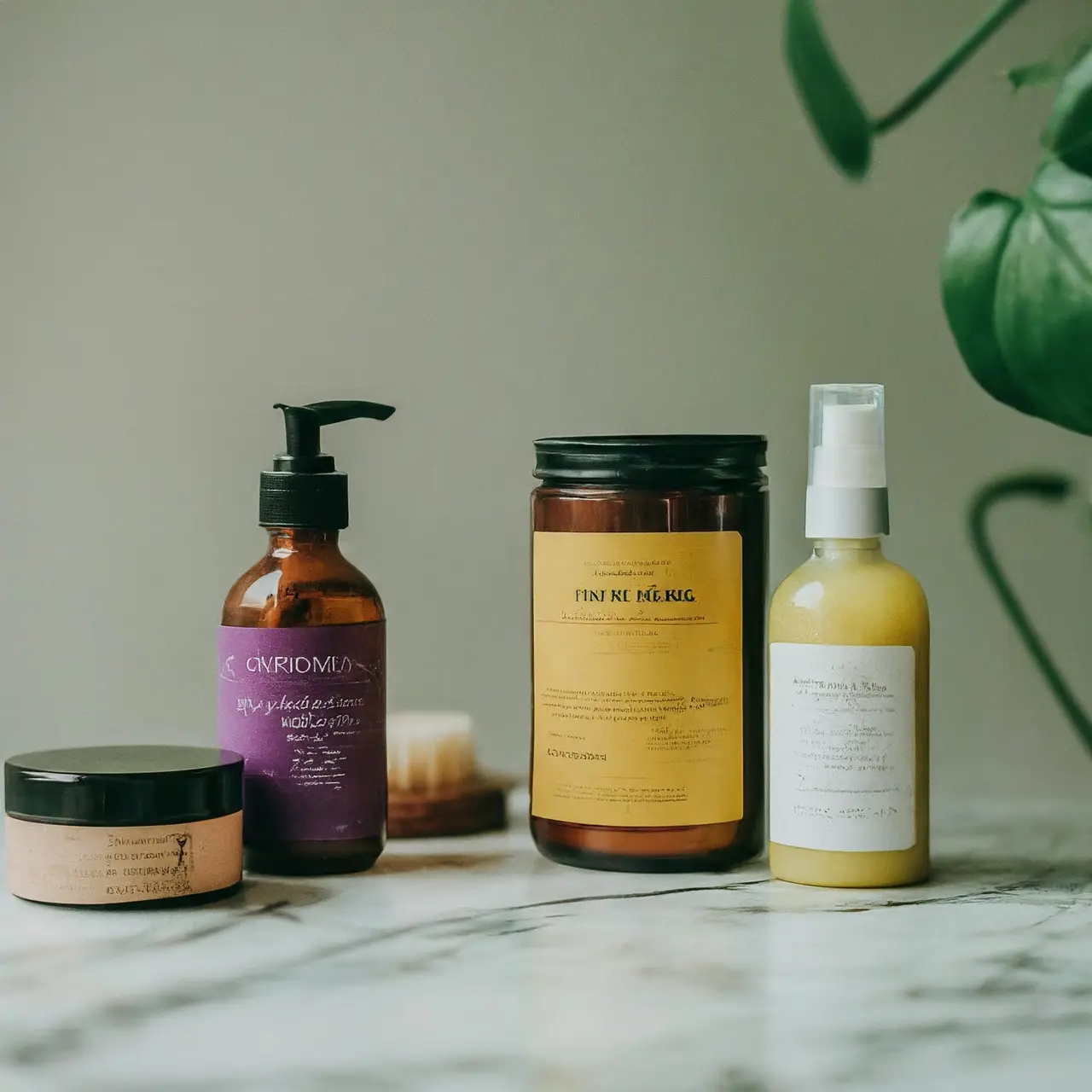 A variety of colorful vegan skincare products on a marble counter. 35mm stock photo