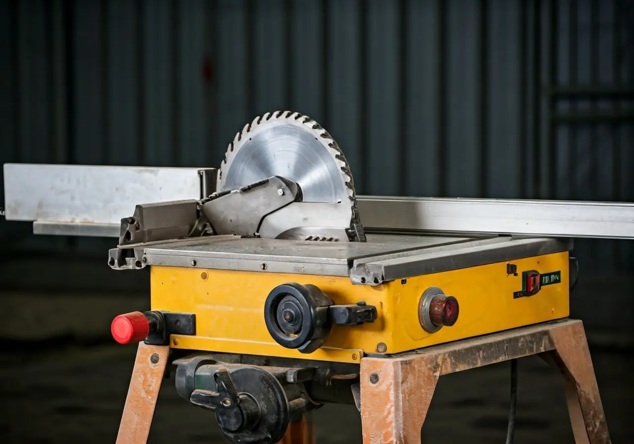 Table saw with safety guards and emergency stop button. 35mm stock photo