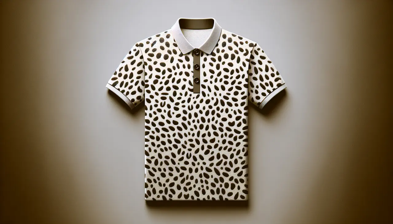 Draw a graphic in flat design style. A sleek polo shirt with a minimalist leopard print pattern on a clean, solid background.