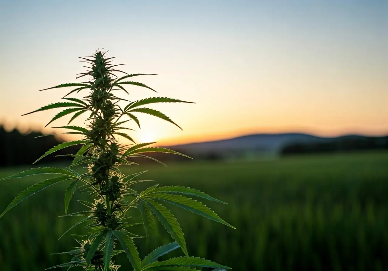 A serene landscape with a cannabis plant in focus. 35mm stock photo