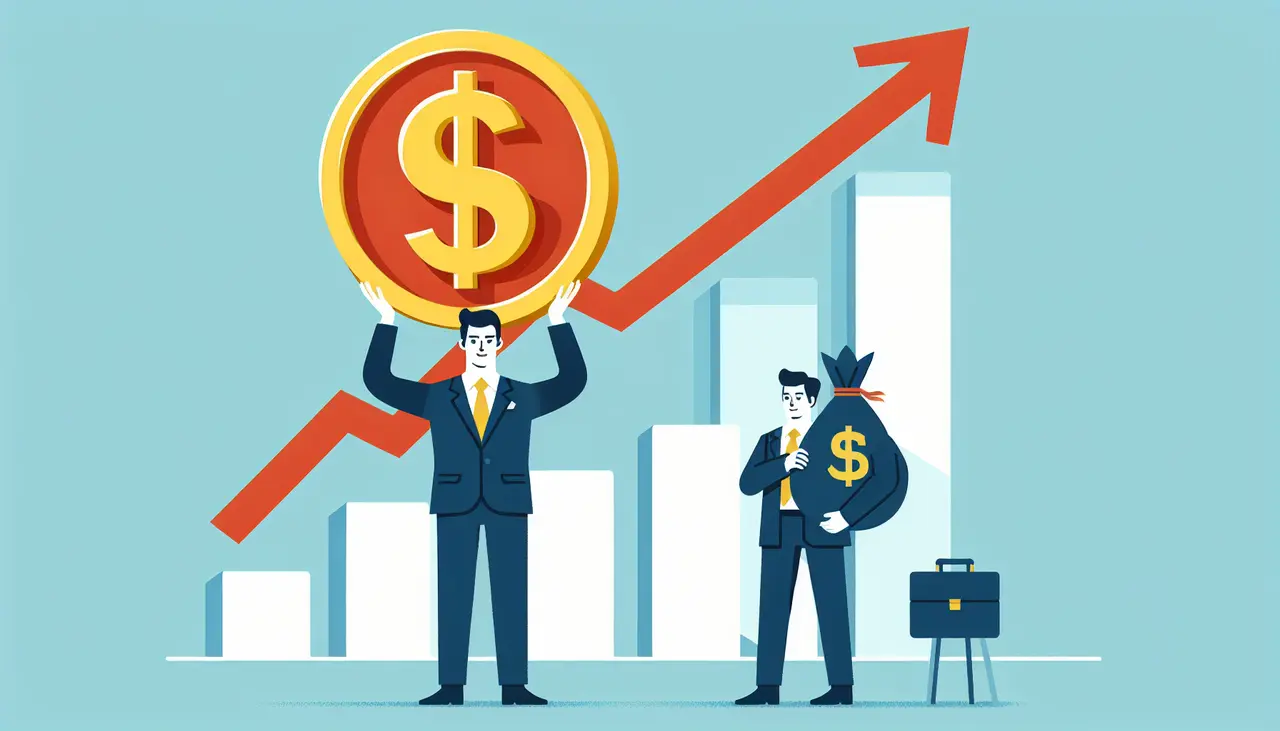 Draw a graphic in flat design style. Prompt: A businessman holding a large dollar sign standing next to a growing bar graph, symbolizing financial recovery, with a simple and clean background.