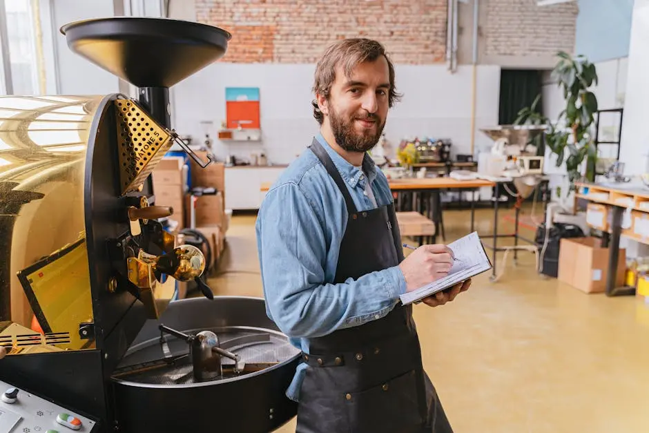 Bearded man taking notes in a modern coffee roastery, wearing an apron.