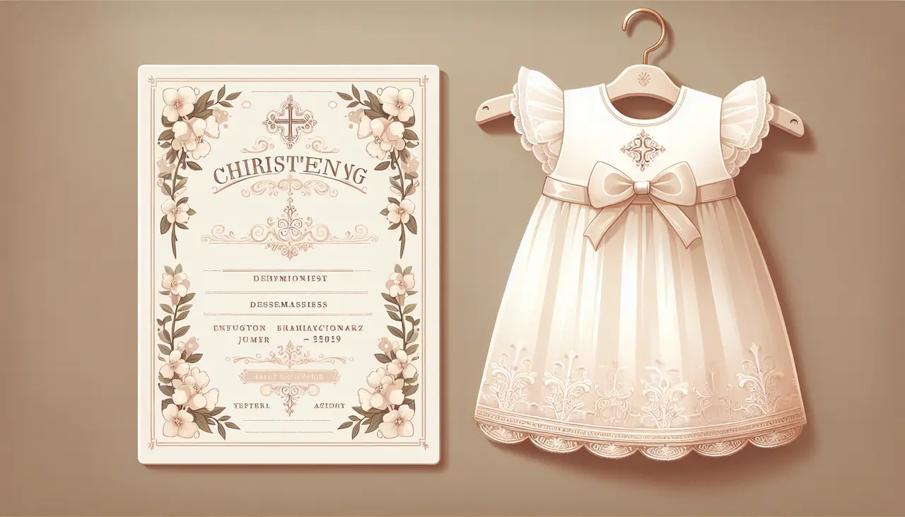 Draw a graphic in flat design style. Flat design of a baby gown with decorative elements and a baptism invitation card.