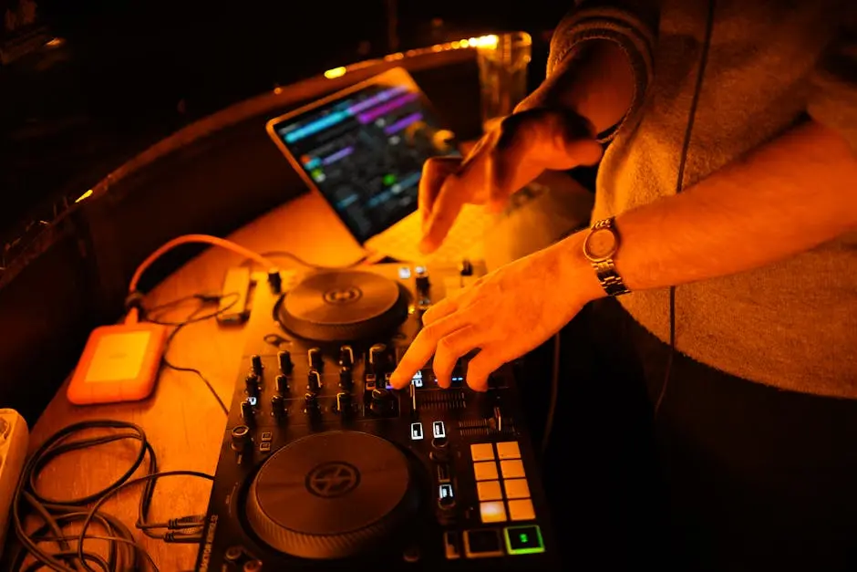 DJ mixing tracks on modern turntables with vibrant lighting in a club scene.