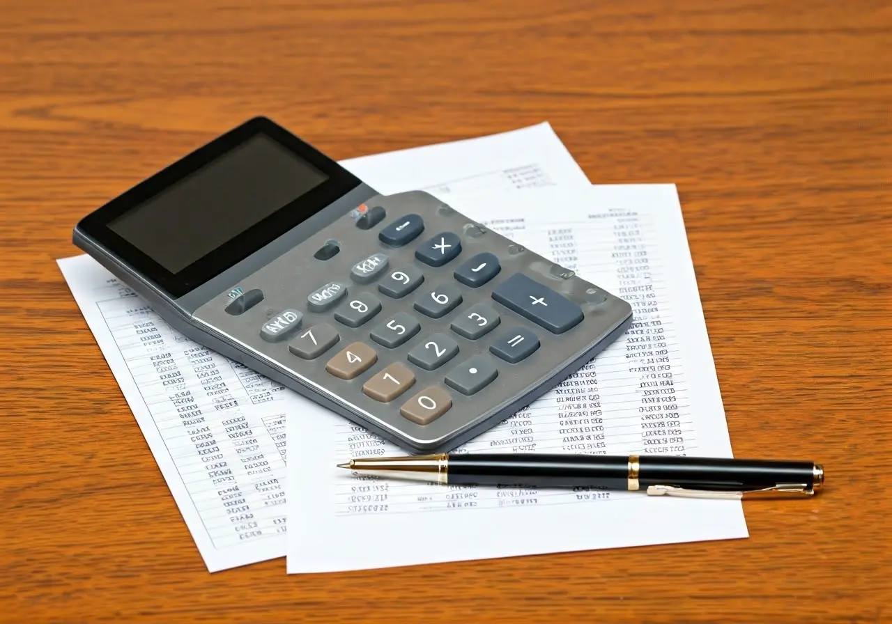 A calculator, pen, and financial documents on a wooden desk. 35mm stock photo