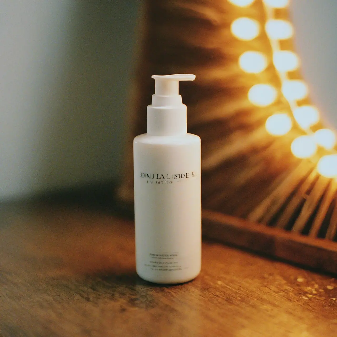 A bottle of firming cream beside a glowing mirror. 35mm stock photo