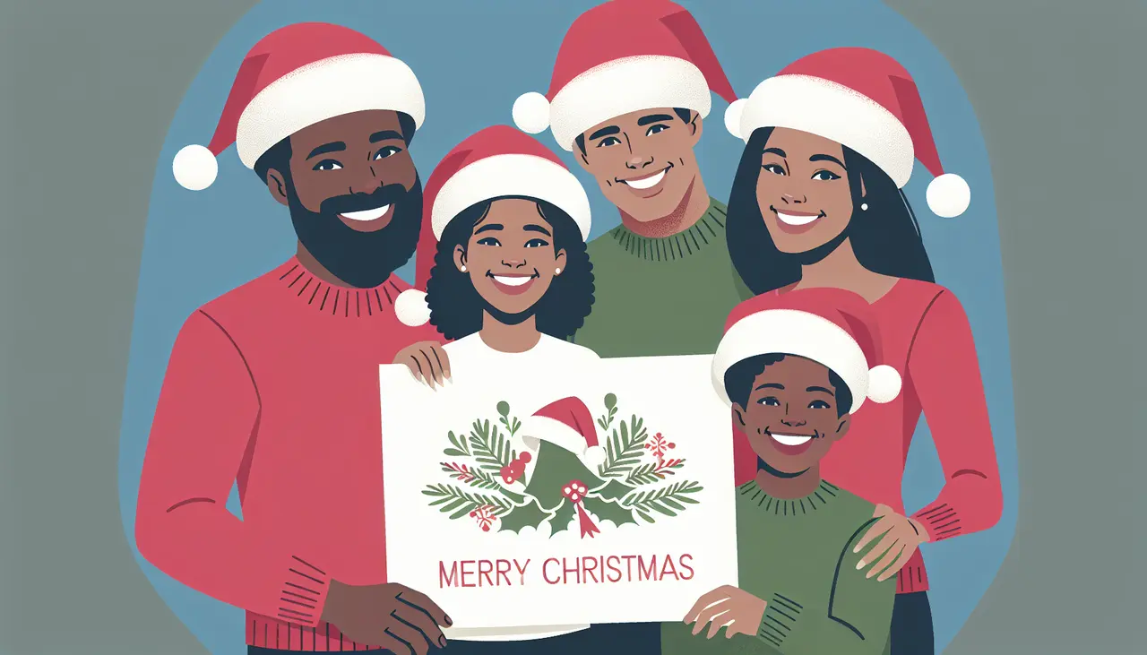 Draw a graphic in flat design style. Create an image of a cheerful family wearing Santa hats and holding a giant Christmas card together.