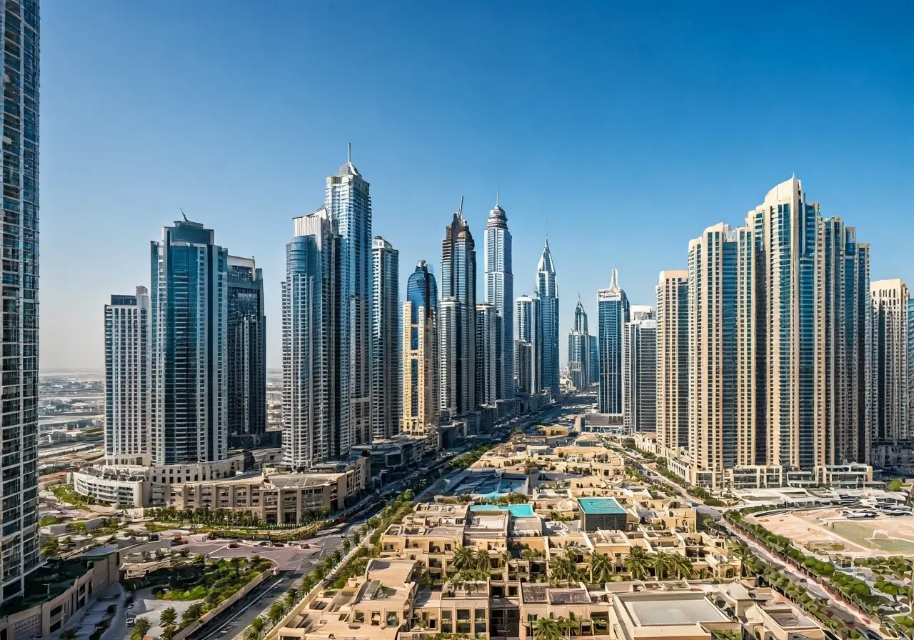 A luxury apartment building with a view of Dubai skyline. 35mm stock photo