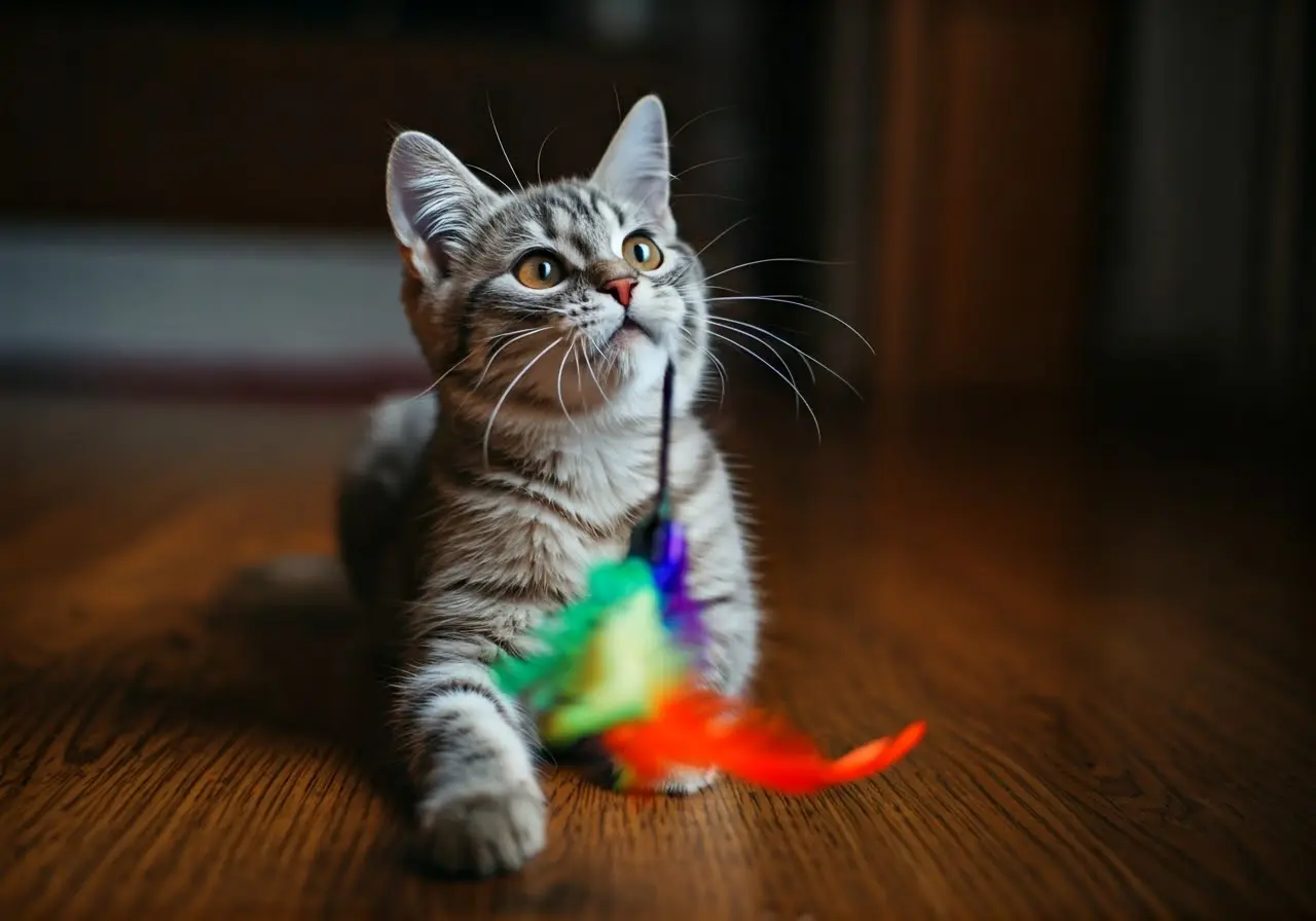 A playful cat chasing a colorful feather toy. 35mm stock photo