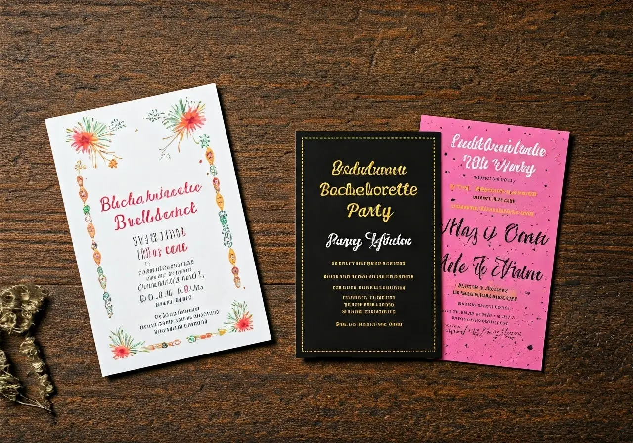 Colorful bachelorette party invitations with fun, festive designs. 35mm stock photo