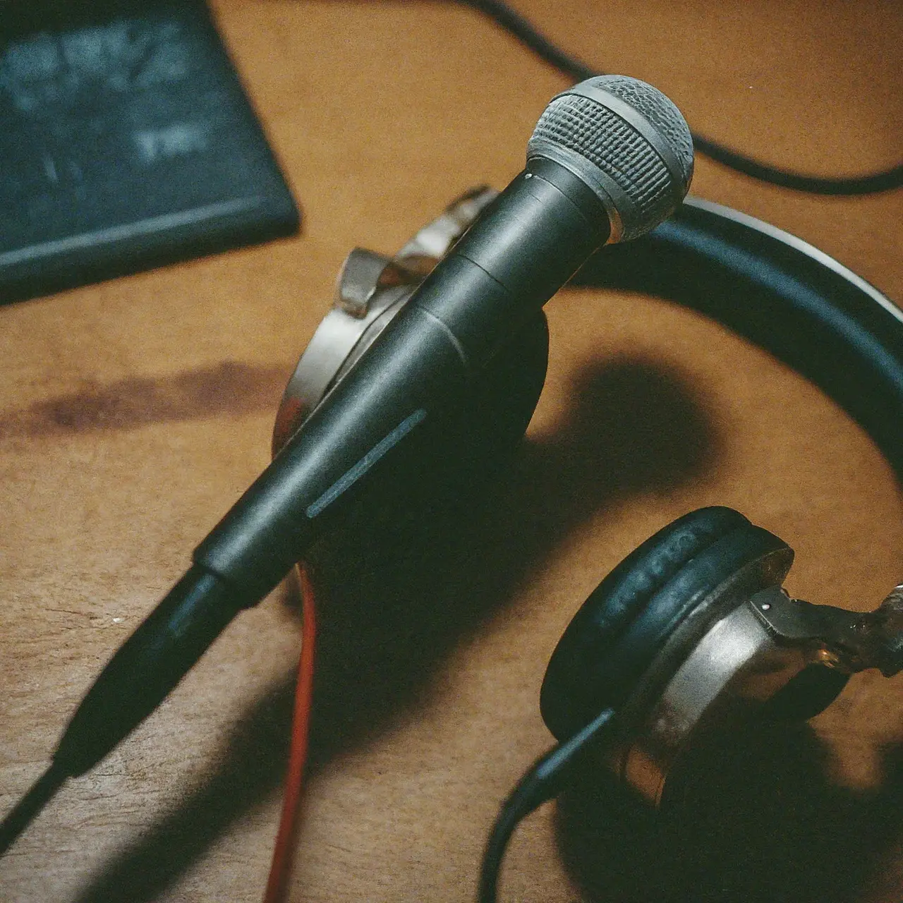 A microphone with headphones on a wooden desk 35mm stock photo