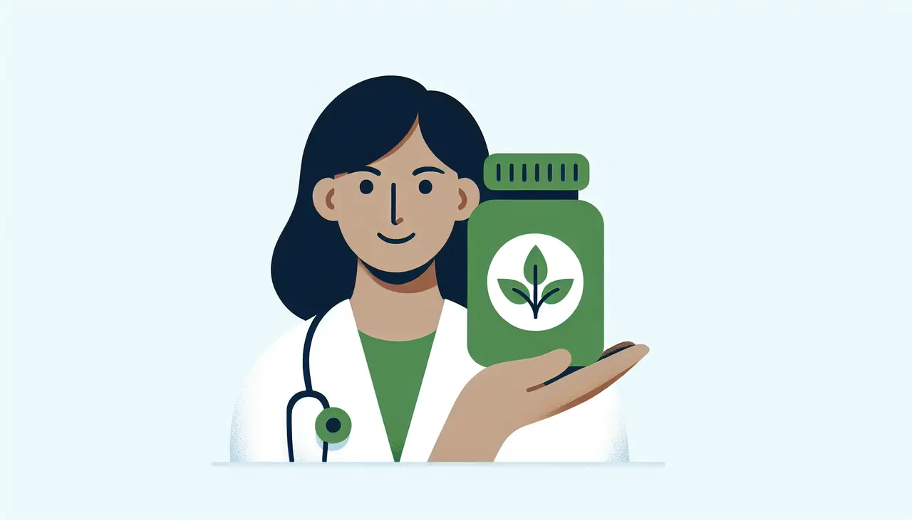 Draw a graphic in flat design style. A minimalist illustration of a doctor holding a large pill bottle with a leafy plant icon, symbolizing health and well-being.