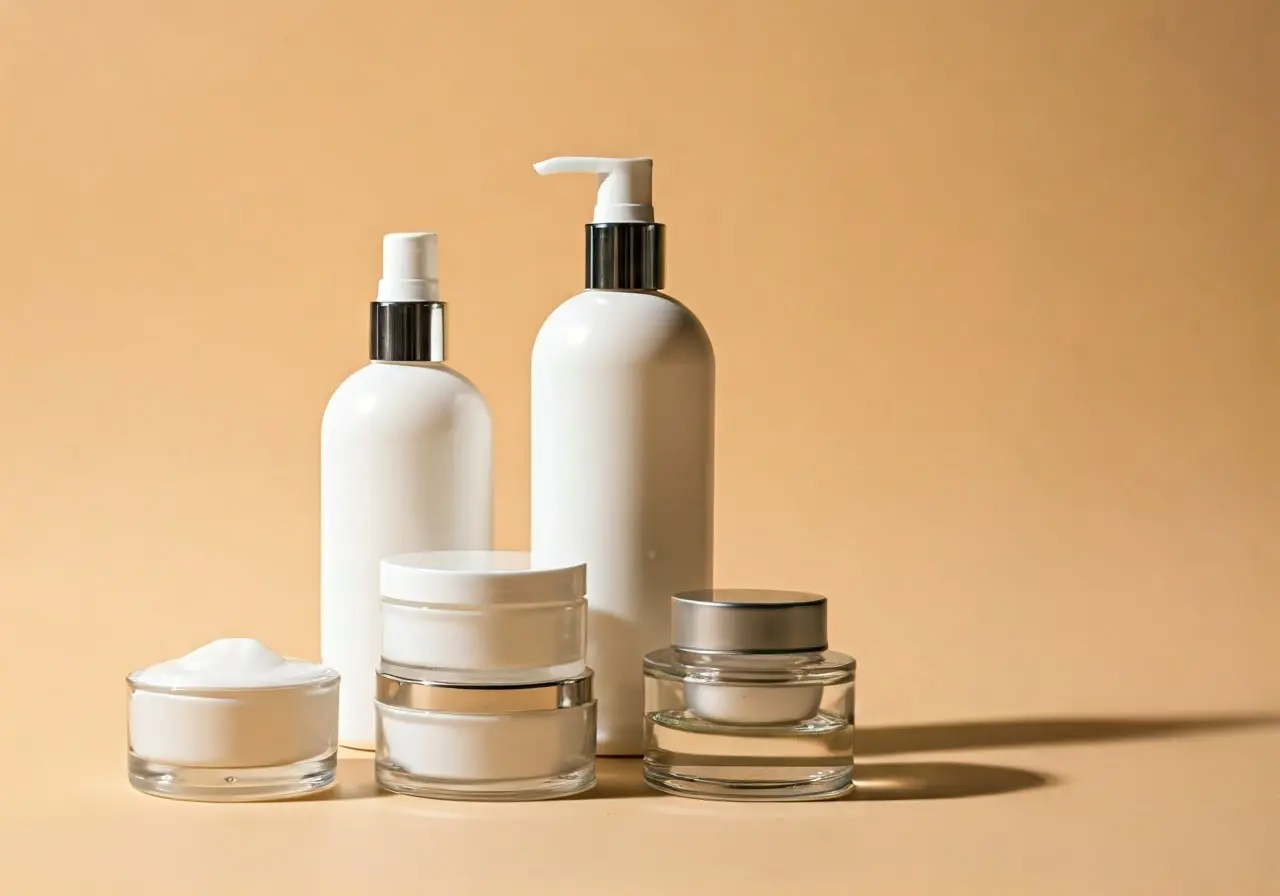 Assorted skincare products displayed on a light-colored background. 35mm stock photo