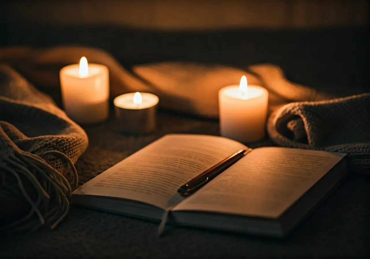 A serene journal surrounded by candles and a cozy blanket. 35mm stock photo