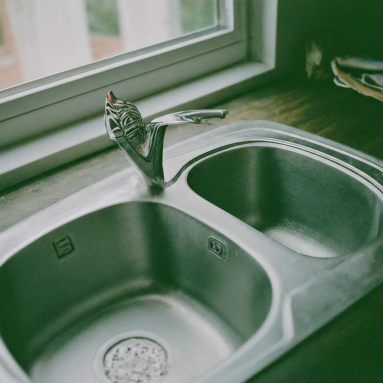 New water efficiency valve installed in a kitchen sink. 35mm stock photo