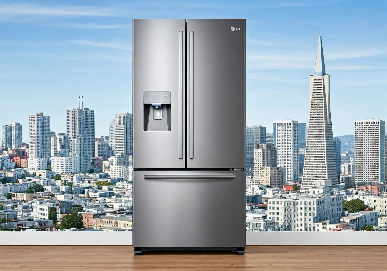 A high-tech LG refrigerator with a San Francisco skyline background. 35mm stock photo