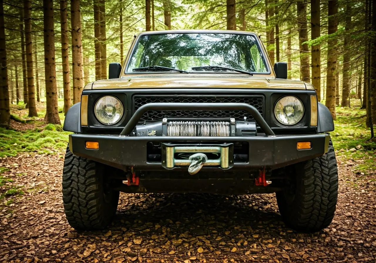 A winch mounted on an off-road vehicle in a forest. 35mm stock photo