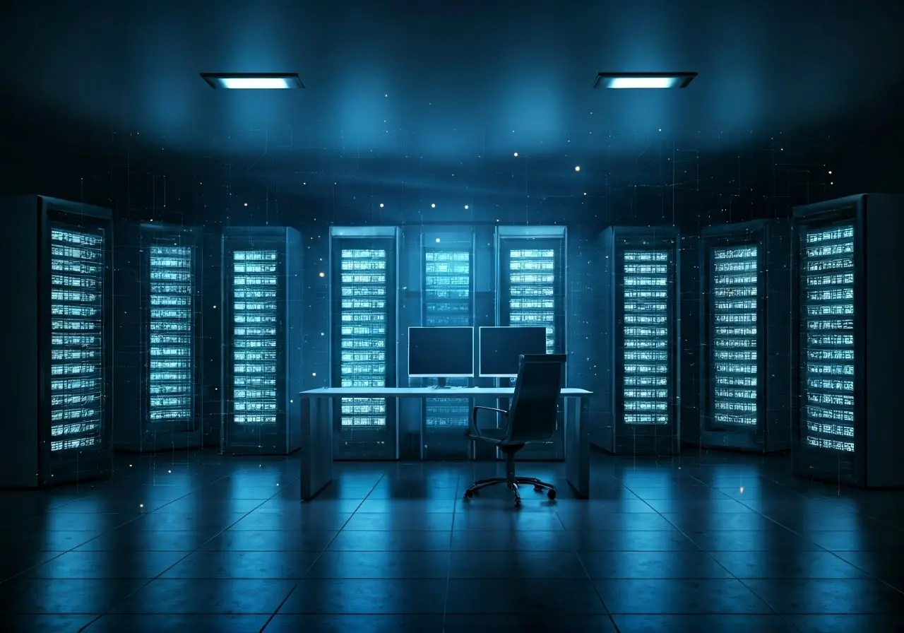 A modern office with high-tech computers and glowing servers. 35mm stock photo