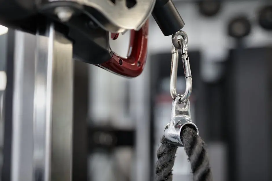 Black rope of modern exercise machine hanging on metal carabiner