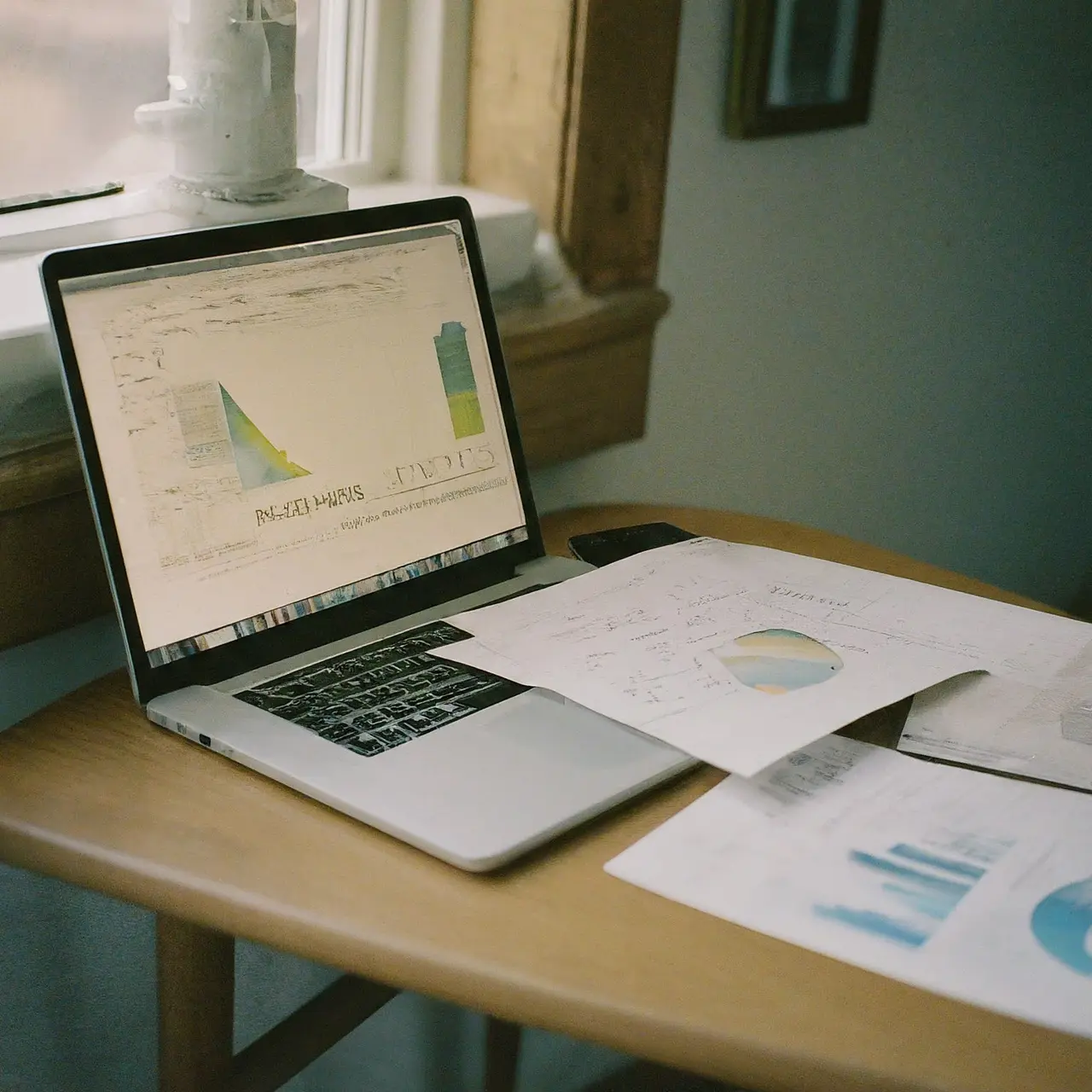 A computer with marketing charts and handwritten notes beside it. 35mm stock photo