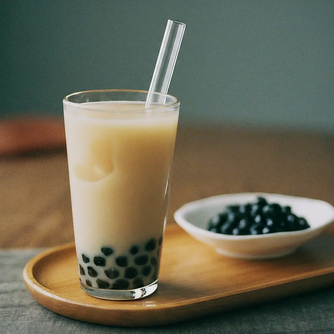 Chewy bubble tea with Hong Kong egglets on a table. 35mm stock photo