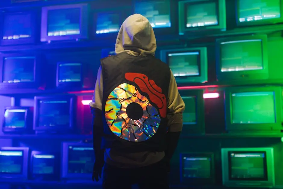 A man in a hoodie stands in front of colorful vintage TVs, embracing cyberpunk aesthetics.