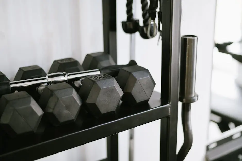 Close-up of gym equipment including dumbbells on a storage rack, perfect for fitness-themed uses.