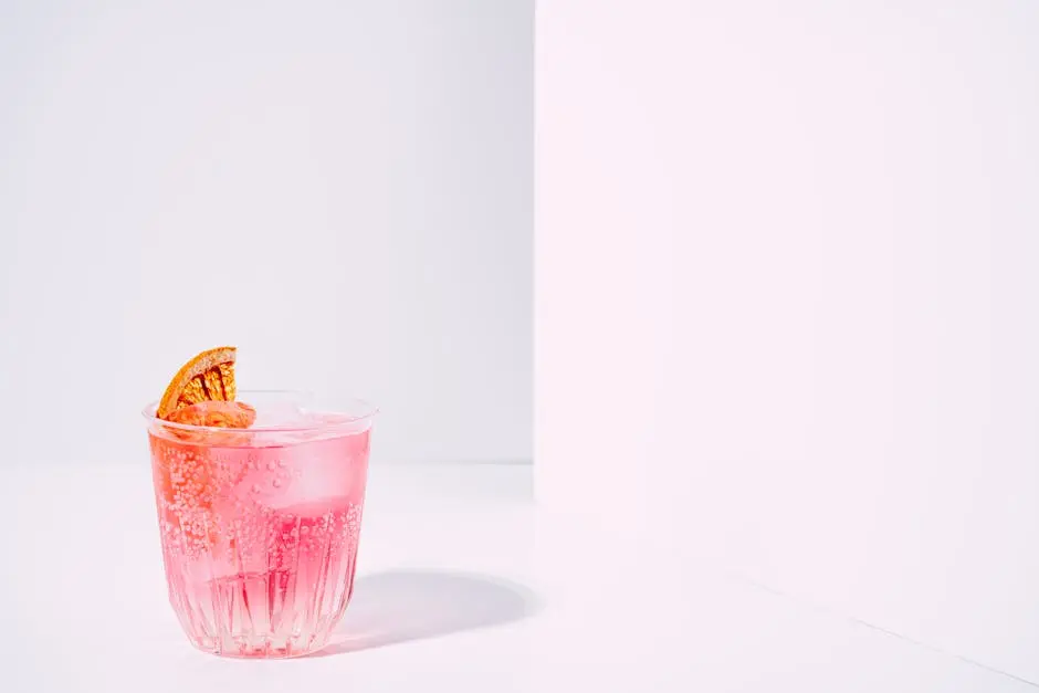 Minimalist pink cocktail with orange slice on a white backdrop. Perfect for refreshment themes.