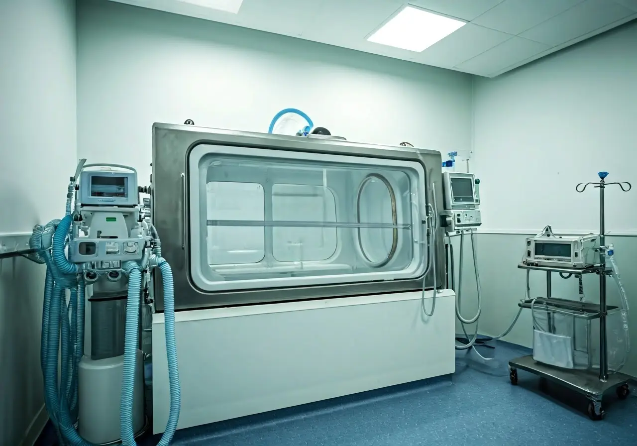 Hyperbaric oxygen chamber with medical equipment in a bright room. 35mm stock photo