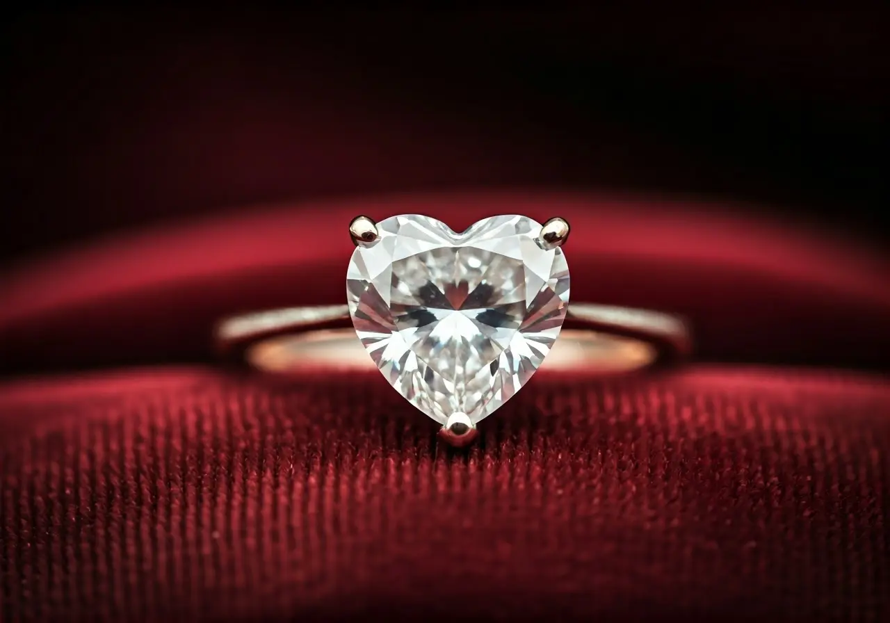 Close-up of a sparkling heart-shaped diamond ring on velvet. 35mm stock photo