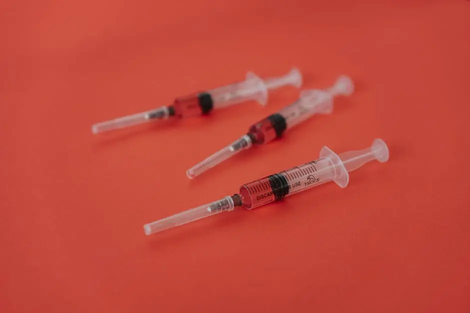 Three syringes with red liquid on a bold red surface, featuring medical themes.