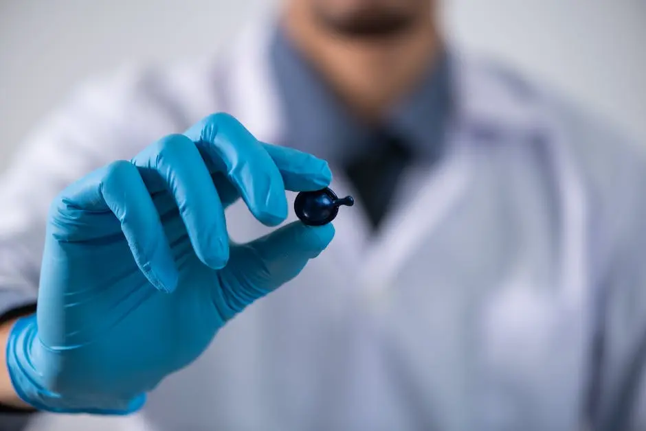 A scientist wearing gloves holding a small capsule in a laboratory setting, showcasing healthcare and research.