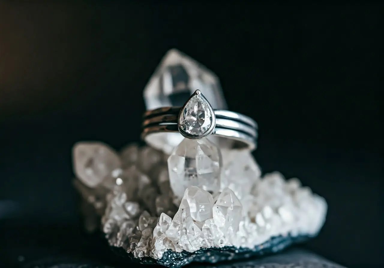 A silver ring on a crystal cluster in soft light. 35mm stock photo