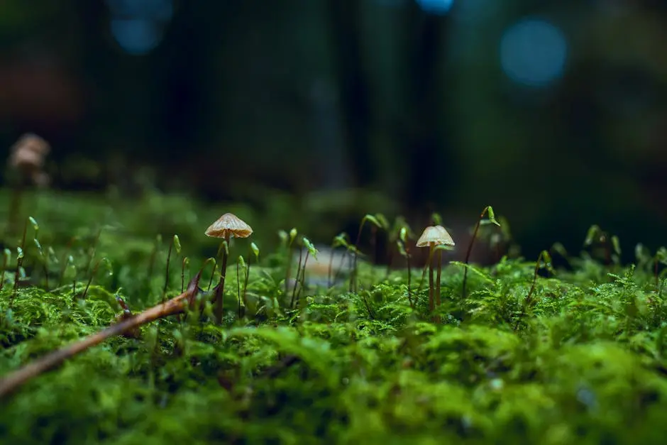 A serene close-up of mushrooms growing on a lush, moss-covered forest floor.