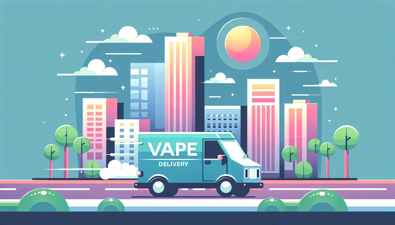 Draw a graphic in flat design style. A flat design illustration of a vape delivery van driving through a stylized cityscape with palm trees and a bright sun.